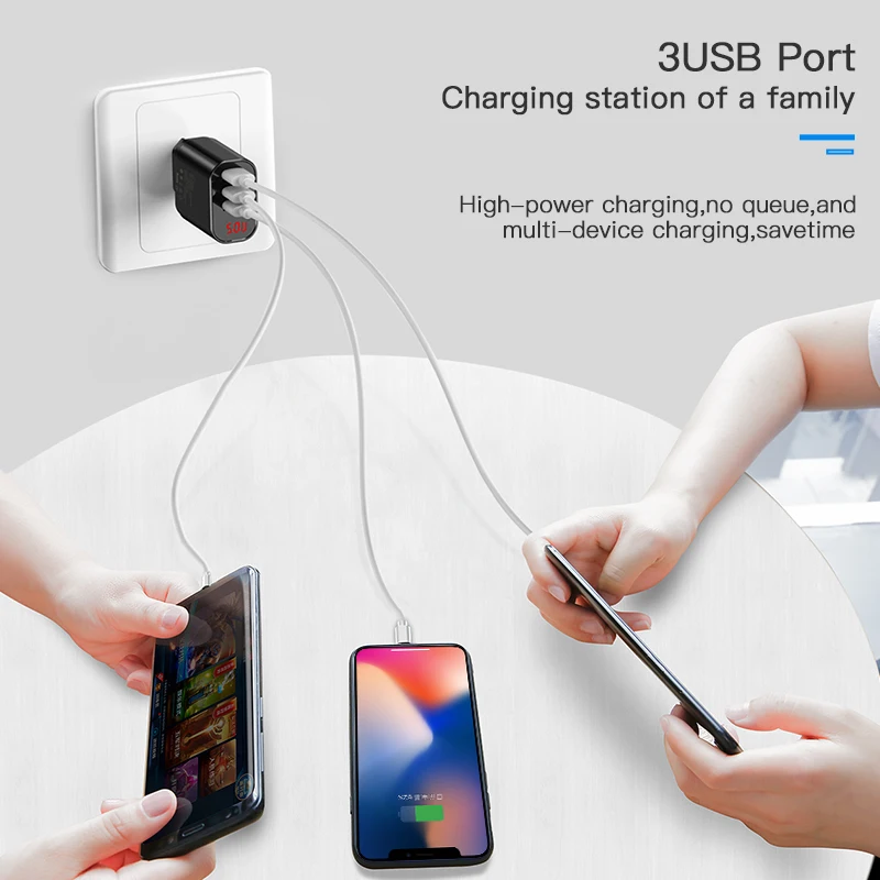 Baseus 3 порта USB зарядное устройство для iPhone XR Xs светодиодный дисплей телефон Samsung S9 - Фото №1