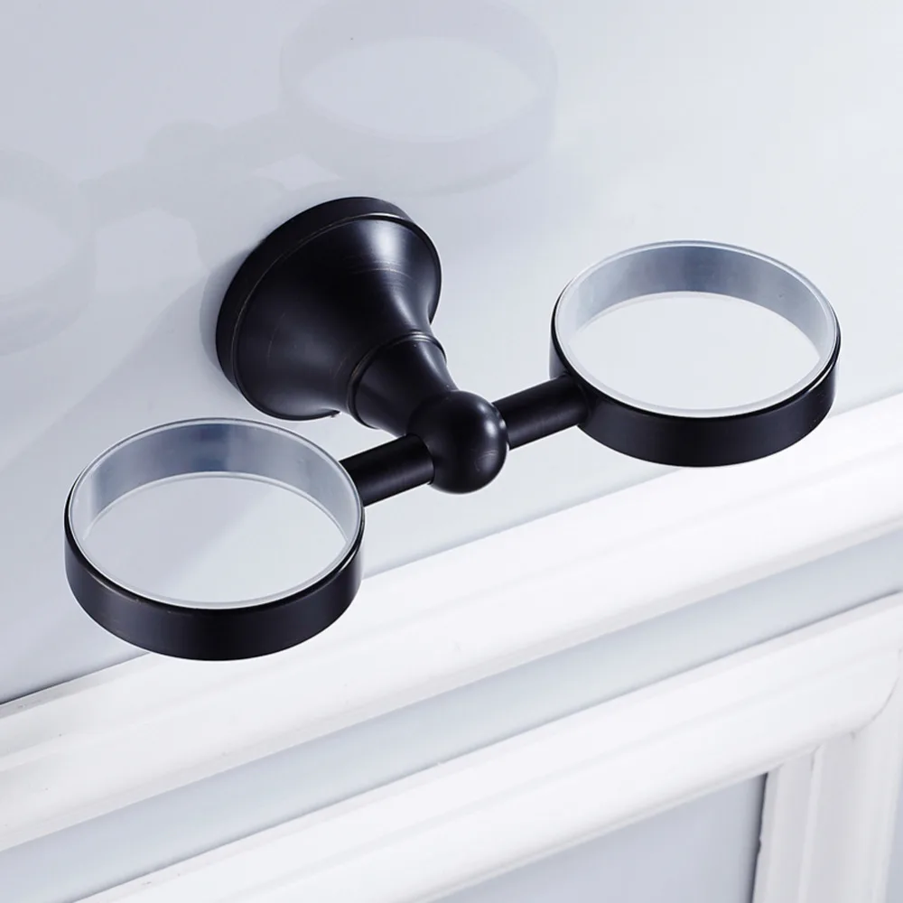 Leyden Oil Rubbed Bronze Brass Black Toothbrush Holder With Double Ceramic Cups Holders Wall Mounted Bathroom Accessories Set |