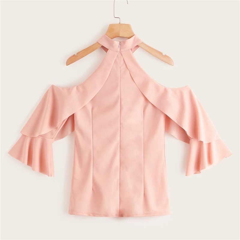 SHEIN элегантный пастельный розовый гофрированный Холтер с открытыми плечами, многослойный топ с расклешенными рукавами, блузка, женские весенние облегающие Сексуальные вечерние блузки