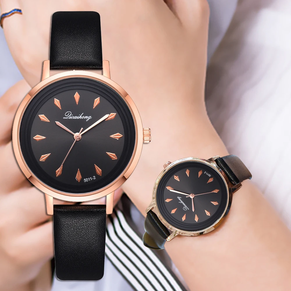Модный черный кожаный ремешок женское платье кварцевые часы женские наручные 2018