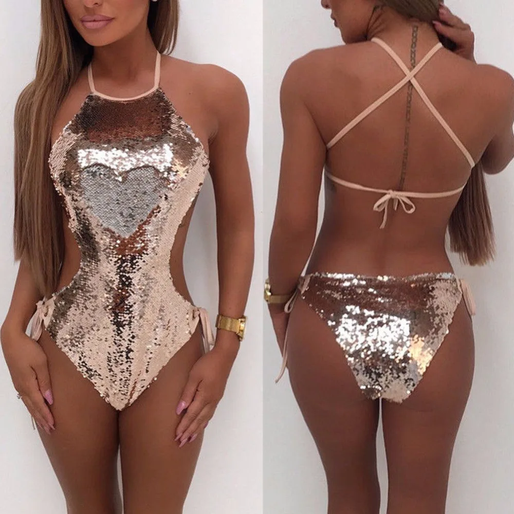 Summer Women Sexy Sequins One-Piece Swimsuit Backless Bodysuit Beachwear Swimwear Push-up Monokini Bikini Set Bathing | Спорт и