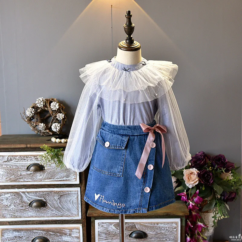 Осенняя одежда для маленьких девочек топ с кружевными рукавами + юбка 2 шт. детей