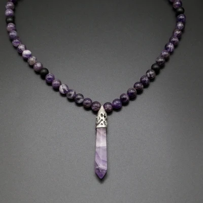 amethyst Заживление натурального камня Кристал острый энергетическя колонна шестиугольный кулон ожерелье тигровый глаз Длинные с бусинами Йога ожерелье ювелирные изделия для мужчин - Окраска металла: amethyst