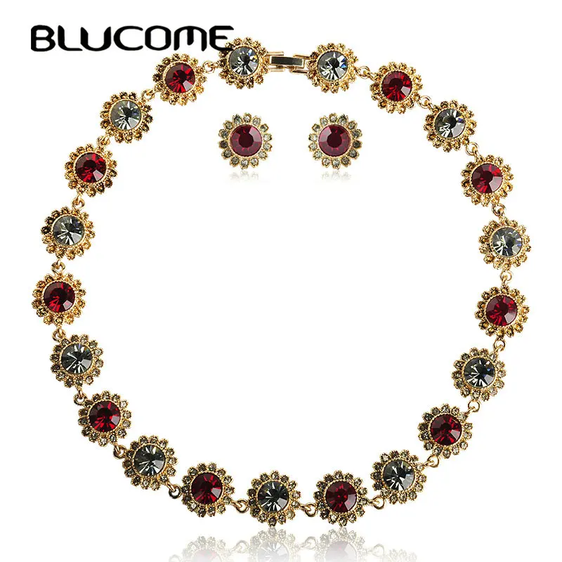 Blucome Vintage Green Flower Choker Necklace Earrings Set Round Crystal Alloy Party Jewelry Sets Women Girls Wedding Decoration|necklace earring