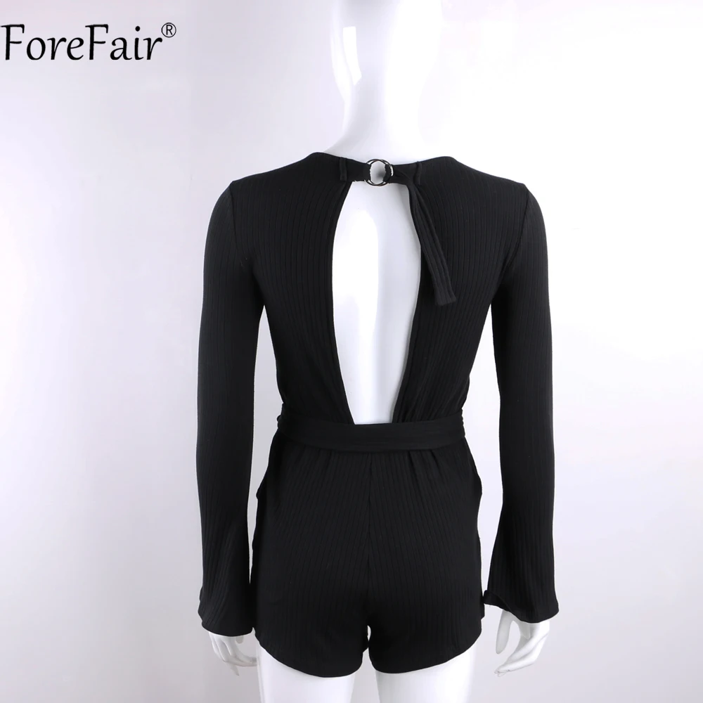 Женский трикотажный комбинезон с открытой спиной ForeFair черный ребристый длинным