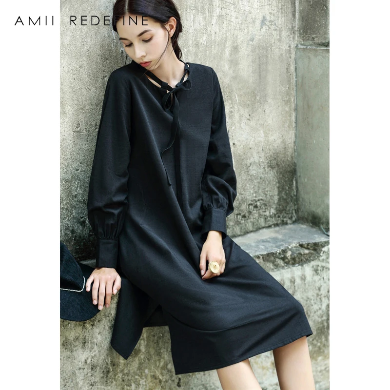 Amii Redefine Платье женское осень 2018 Повседневный свободный однотонный бант средней