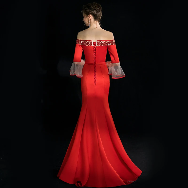 Красное Атласное длинное платье подружки невесты с открытыми плечами и бусинами