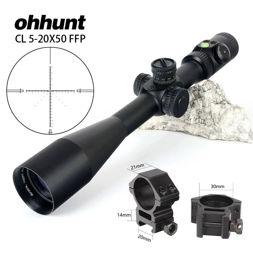 with Picatinny Rings Ohhunt CL 5-20X50 FFP первый фокальный самолет охотничий прицел боковой Параллакс стекло гравированное сетка замок сброс область с пузырьковым уровнем - Цвет: with Picatinny Rings