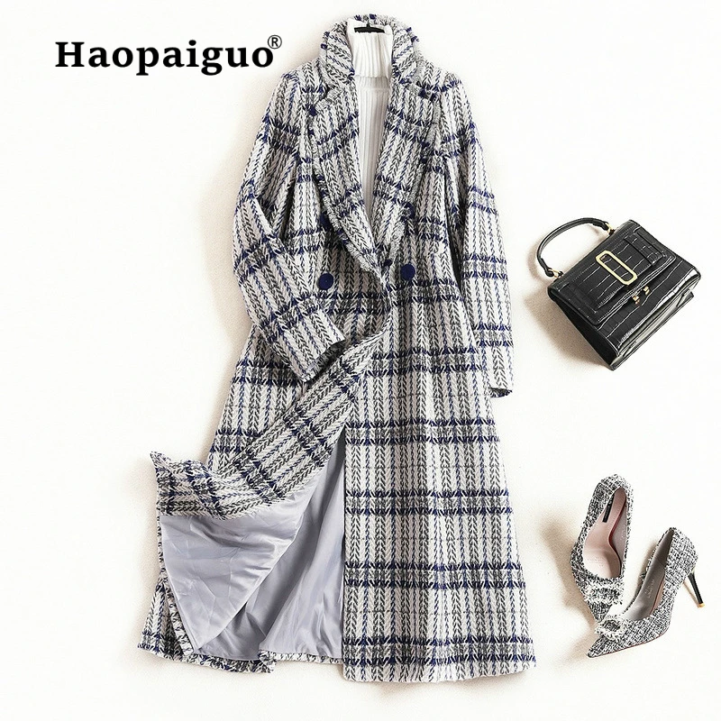 Большие размеры корейский стиль, стильное зимнее шерстяное пальто с отложным воротником и длинными рукавами, шерстяная куртка женская версия, Длинное свободное шерстяное пальто в клетку