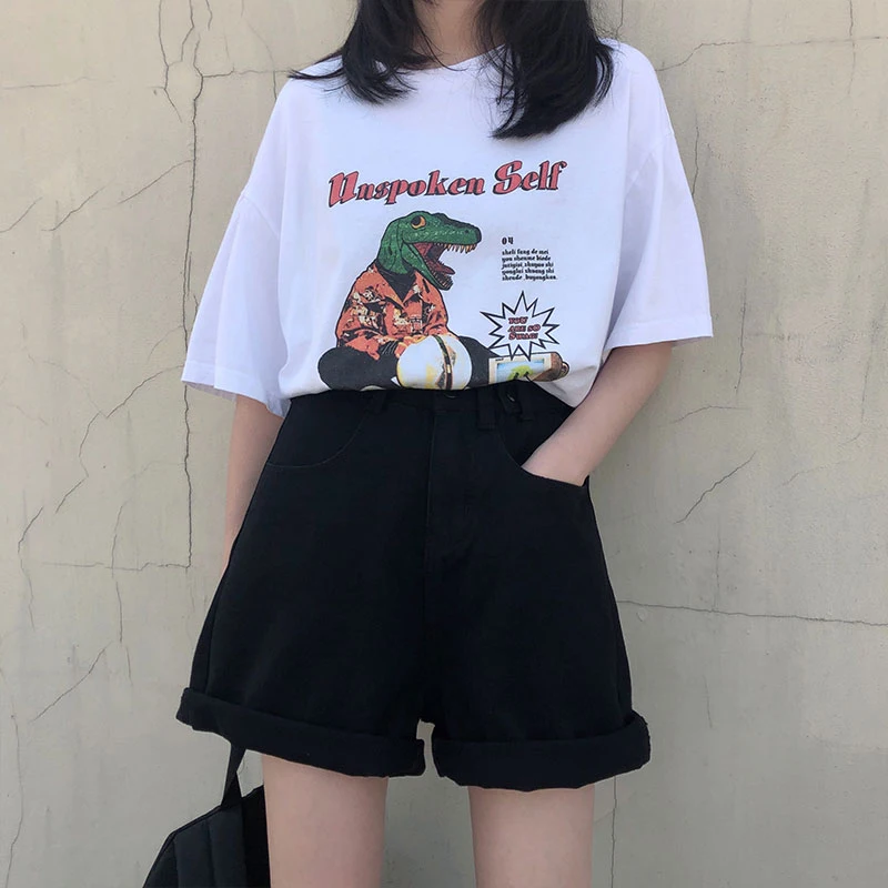Черные летние женские шорты с карманами Harajuku Kawaii повседневные белые джинсы