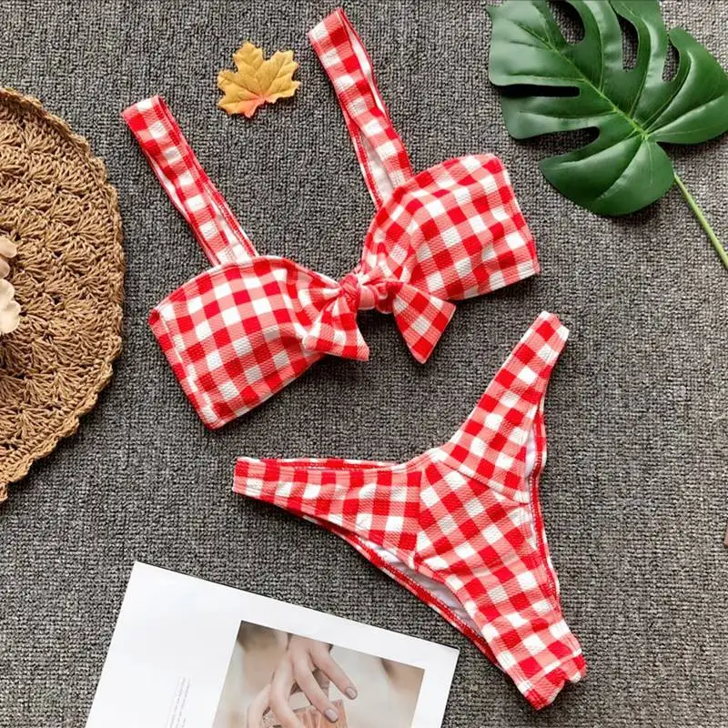 

2019 Women's Pink Plaid Swimsuits Sexy Swimming Suit Push Up Bikini Red Girl Separate Swimwear Female Brazilian Bathing Suits