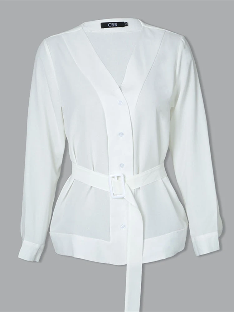 Летняя женская белая блузка Топ с длинным рукавом элегантная офисная бельтом