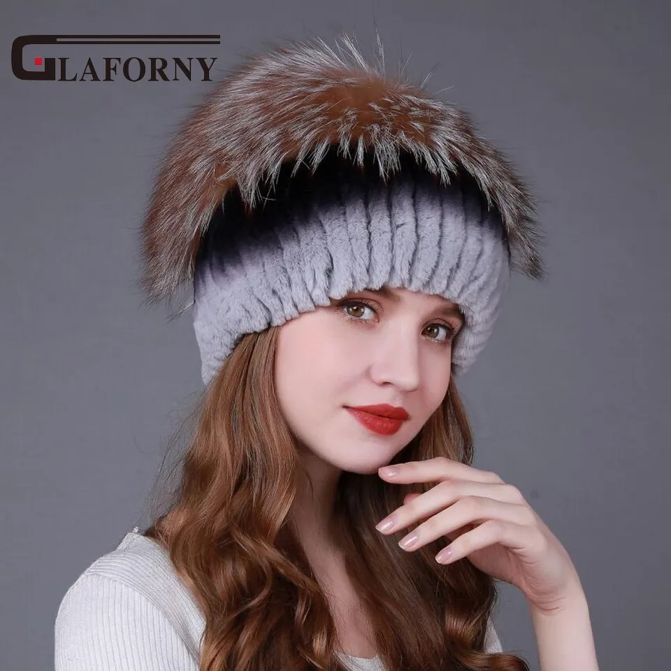 Женские зимние меховые шапки Glaforny теплые из меха кролика рекс с помпонами енота