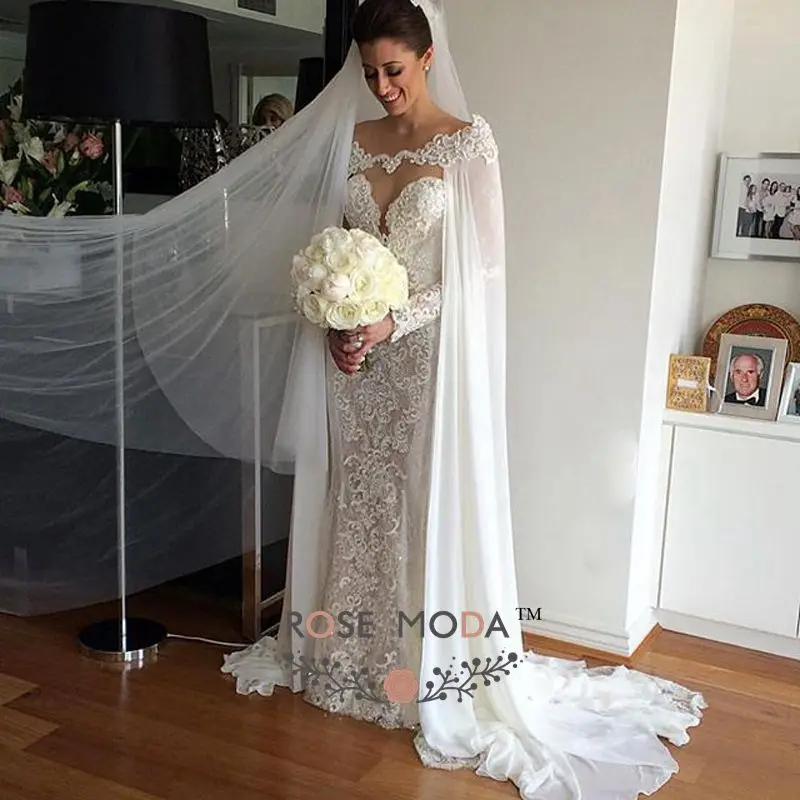 Роза Moda V образным вырезом одежда с длинным рукавом Кружевное Свадебное платье с отстегивающейся накидкой и с низким вырезом на спине кружевные свадебные платья wiith жемчуг
