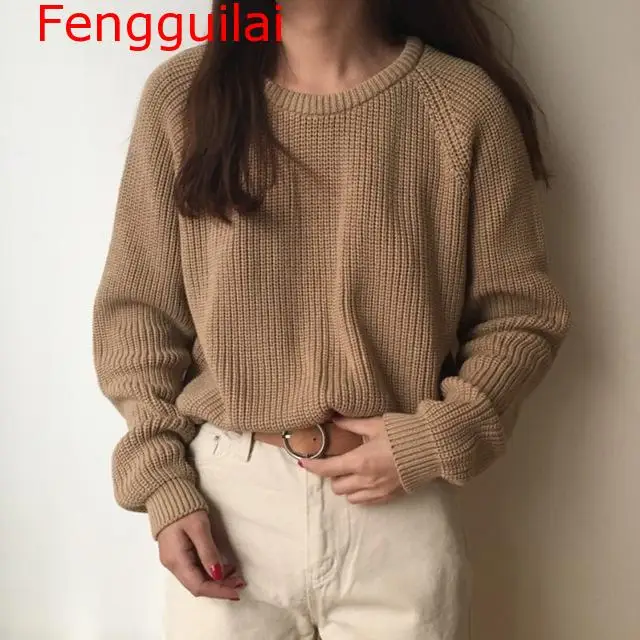 Fengguilai Модный женский вязаный свитер с длинным рукавом, однотонный пуловер с круглым вырезом и джемпер, свободный свитер, горячая Распродажа S80209Q - Цвет: Khakki