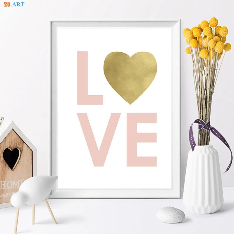 Pink Love Gold Foil Canvas Art Poster and Print Painting Nursery Wall Art Kids Room Decor Baby Girl Room Home Decoration