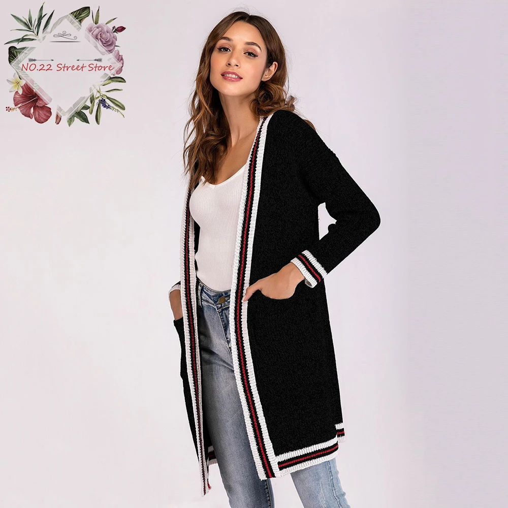 2018 Fashion Women Sweater Cardigans New Autumn Spring Long Coat Open Stitch O-Neck Pockets Kinitting Jacket |