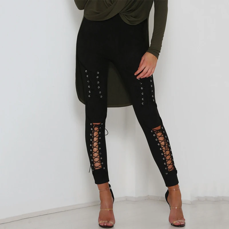 

Solid Color Women's Pants Streetear New Suede Leather Pencil Pants Lace Up Cut Out Trousers For Women Sexy Bandage Legging Pants