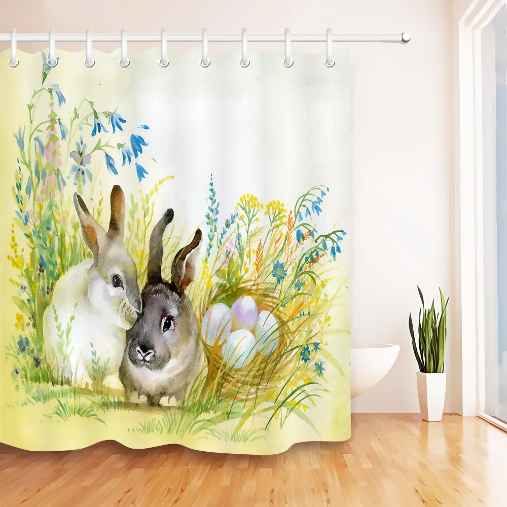 

LB White Shower Curtain With Mat Custom Watercolor Two Cute Rabbit on Grass Egg Easter Bathroom Curtain Fabric for Bathtub Decor