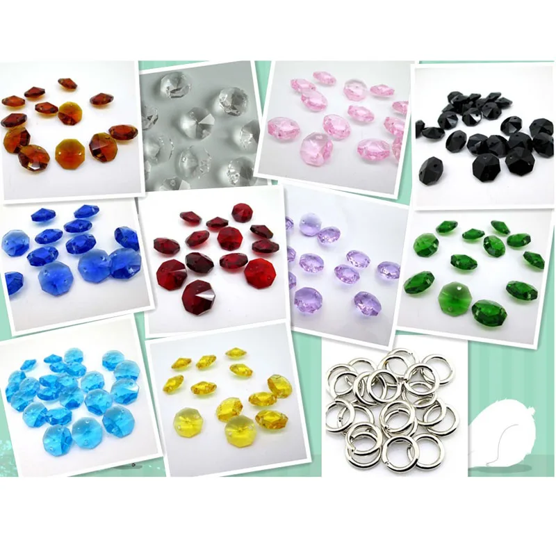 

100PCS 12mm Silver Jump Rings &100PCS 2 Hole 14mm Crystal Glass Octagon Beads Chandelier Crystals Prism Parts Wedding Decor