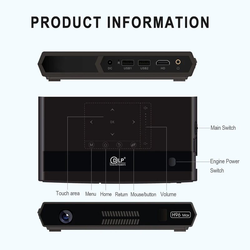 2019 Новый H96 MAX Портативный проектор DLP Full HD 4 K WI FI 5G Android 6 0 S912 2 + 16G сенсорная кнопка
