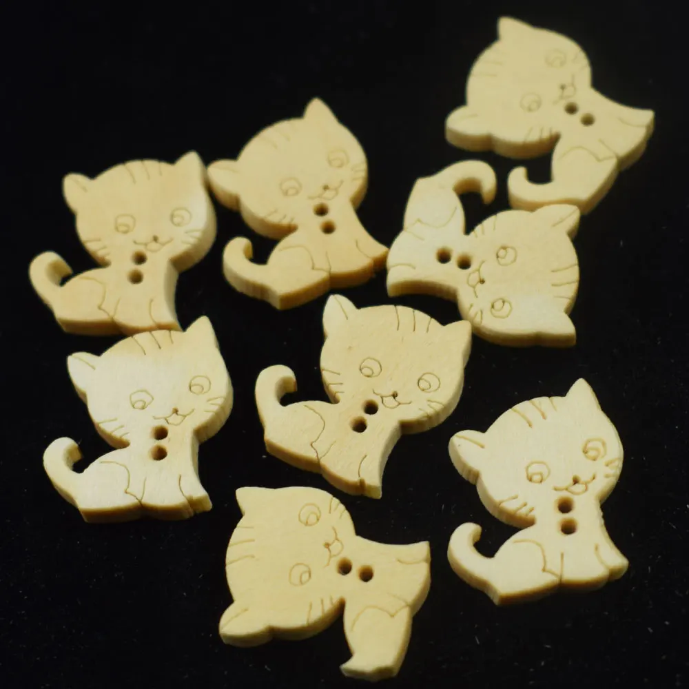 100 шт. деревянная швейная Кнопка Скрапбукинг Кот натуральный цвет два 2 отверстия