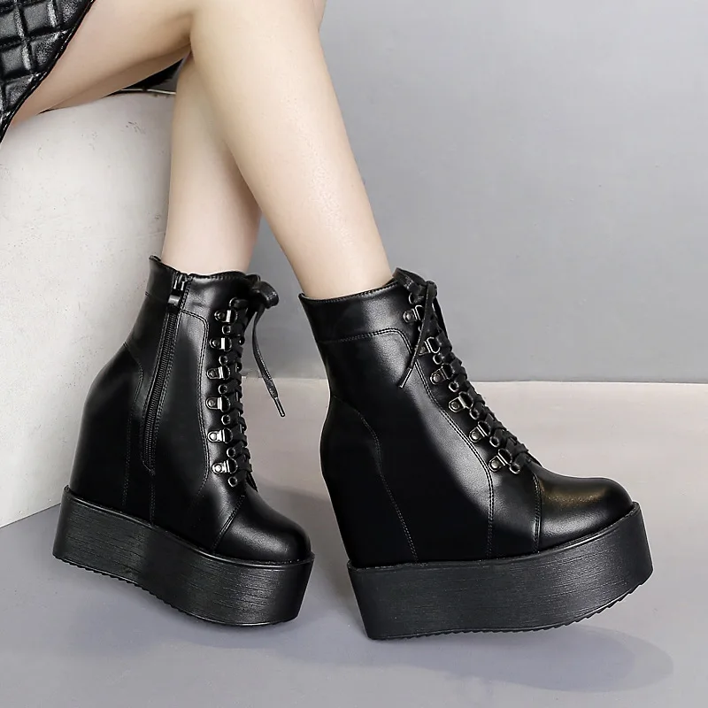 Fashion Rivet Women Platform Boots Creepers Mid-calf Cute Lace Up Breathable High Heel Autumn 4057 | Обувь