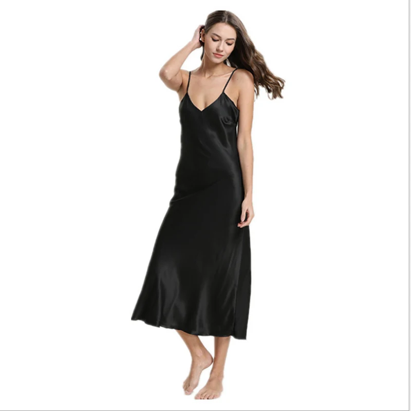 

2019 New Sexy Silk Satin NIghtgown Sleeveless Nightdress V-neck Sleepshirt Long Nighties Summer Sleeping Dress For Women
