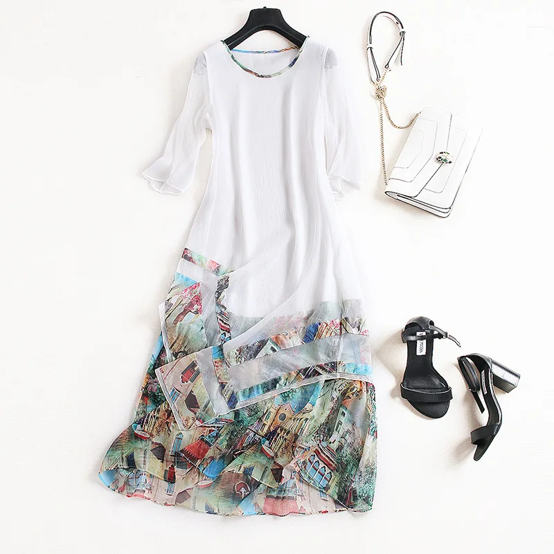 Women's Clothing Silk Dress Printing A-Line Half Sleeve O-Neck Fashion European Style Summer Elegant Slim Vestido 2017 | Женская