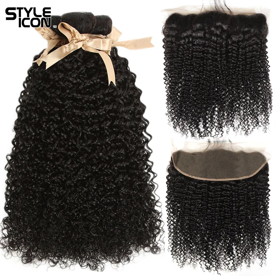 

Styleicon Kinky Curly Bundles with Frontal Malaysian Deep Curly Human Hair Weave with 13*4 Lace Frontal 30 32 34 Inch Remy Hair