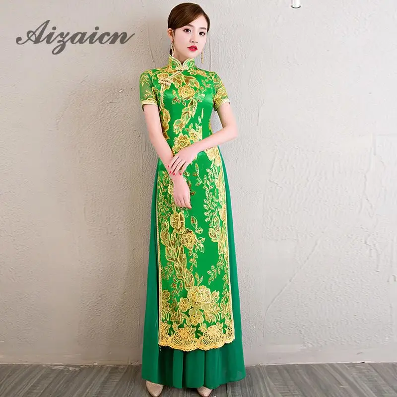 Аозай Вьетнам Cheongsam Qipao модные красного цвета с вышивкой в китайском стиле