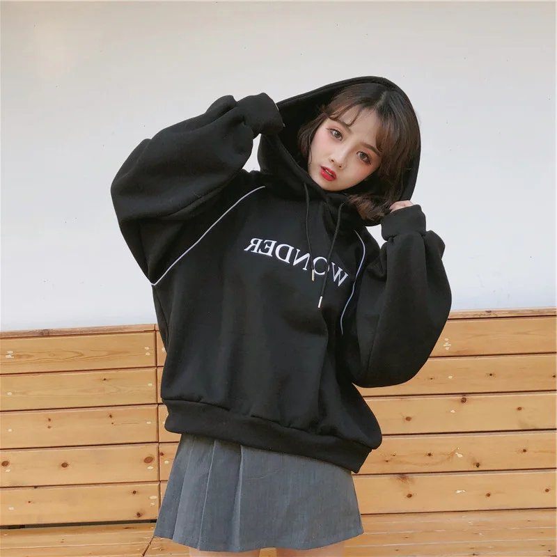 Женские толстовки Ulzzang плюс бархатные элегантные свободные с длинным рукавом Kawaii корейский стиль хлопок с буквенным принтом женские толстовки s