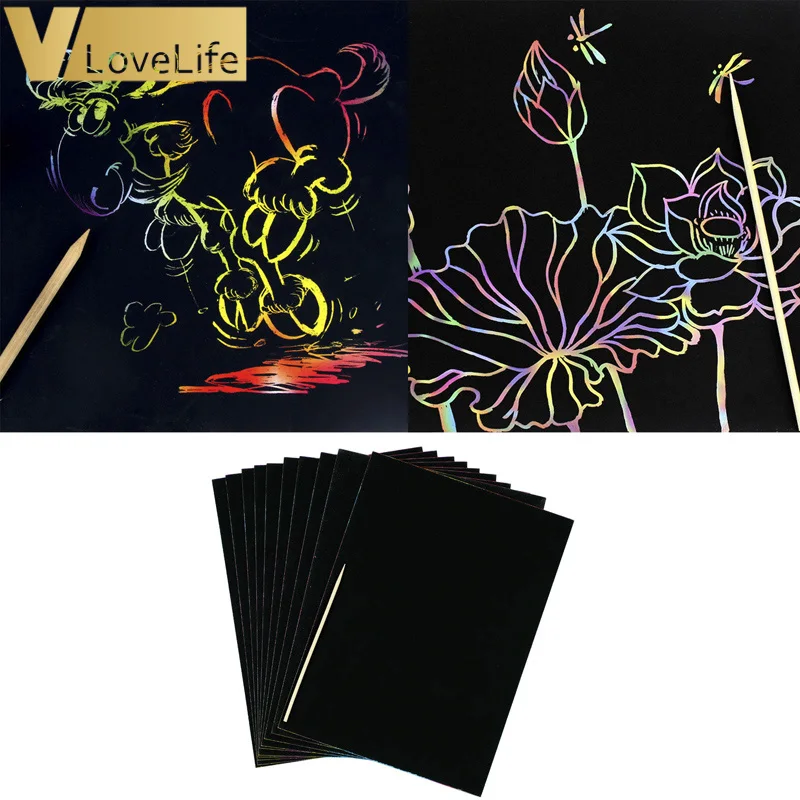 10pcs/lot 26*19cm Magic Color Scratch Art Paper Coloring Cards Available On Both Sides Scraping Drawing Toys For Children | Дом и сад