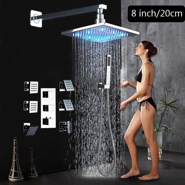 Wall Mount 8 inch Настенный смеситель для душа, кран, светодиодный светильник, дождевой Душ для ванной комнаты, набор для душа, термостатический кран для ванны, душевой кран, массажные струи для тела - Цвет: Wall Mount 8 inch