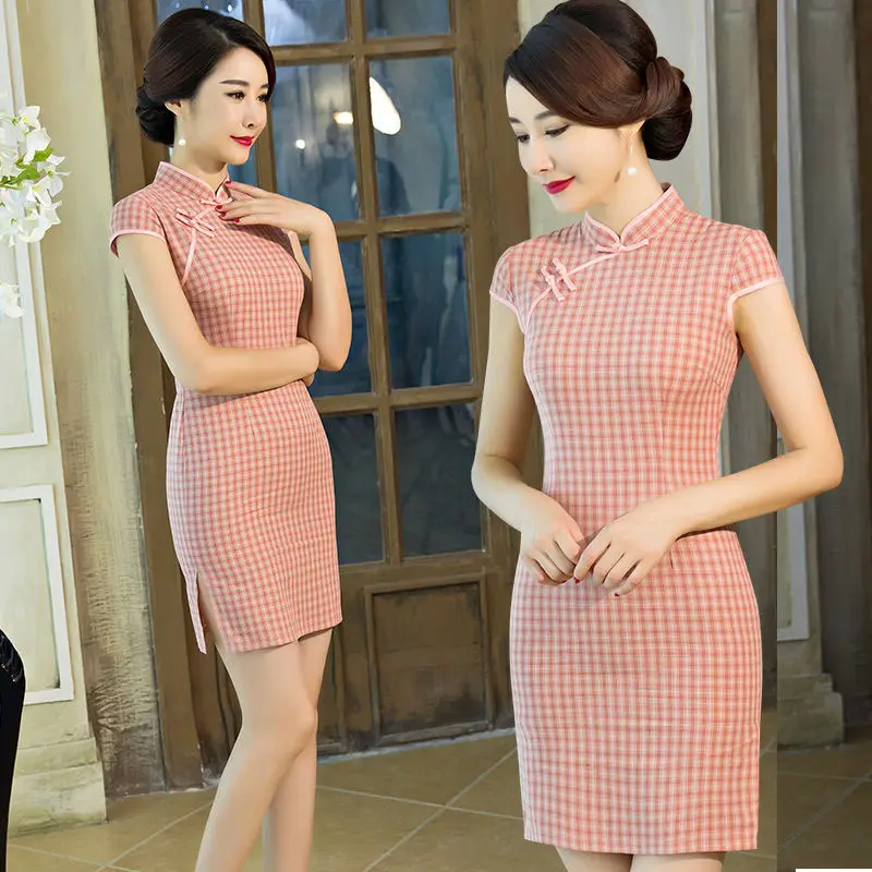 Новое хлопковое льняное платье в клетку Qipao, женское Модное Элегантное традиционное китайское платье, Короткое женское платье-чонсам, vestidos 3XL - Цвет: 1836