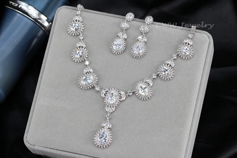 CWWZircons Brand Round Big Crystal Drop Green CZ Necklace Earring Sets For Women Luxury Wedding Jewellery Brides T256|earrings set for women|necklace