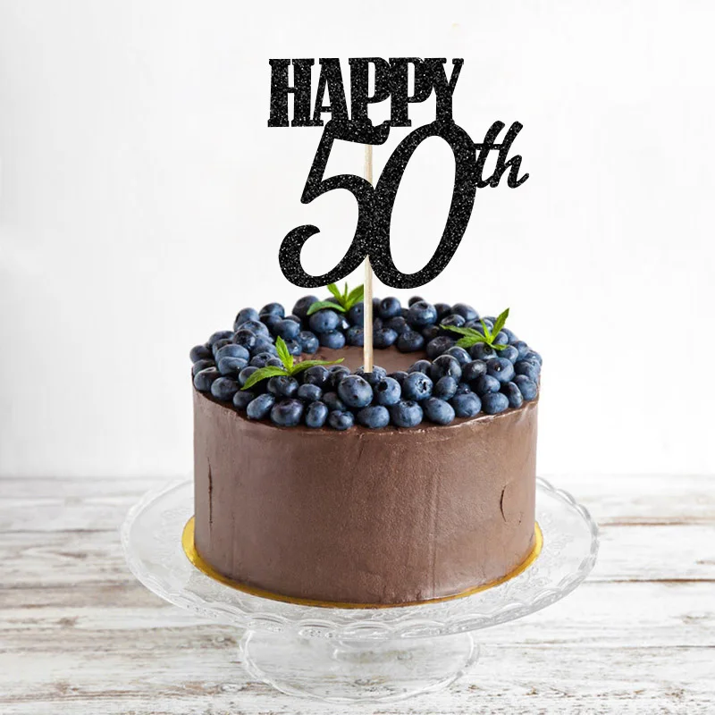Золотой/Серебряный/черный блестящий счастливый 50-ый Топпер для торта, украшение на день рождения, аксессуары для торта