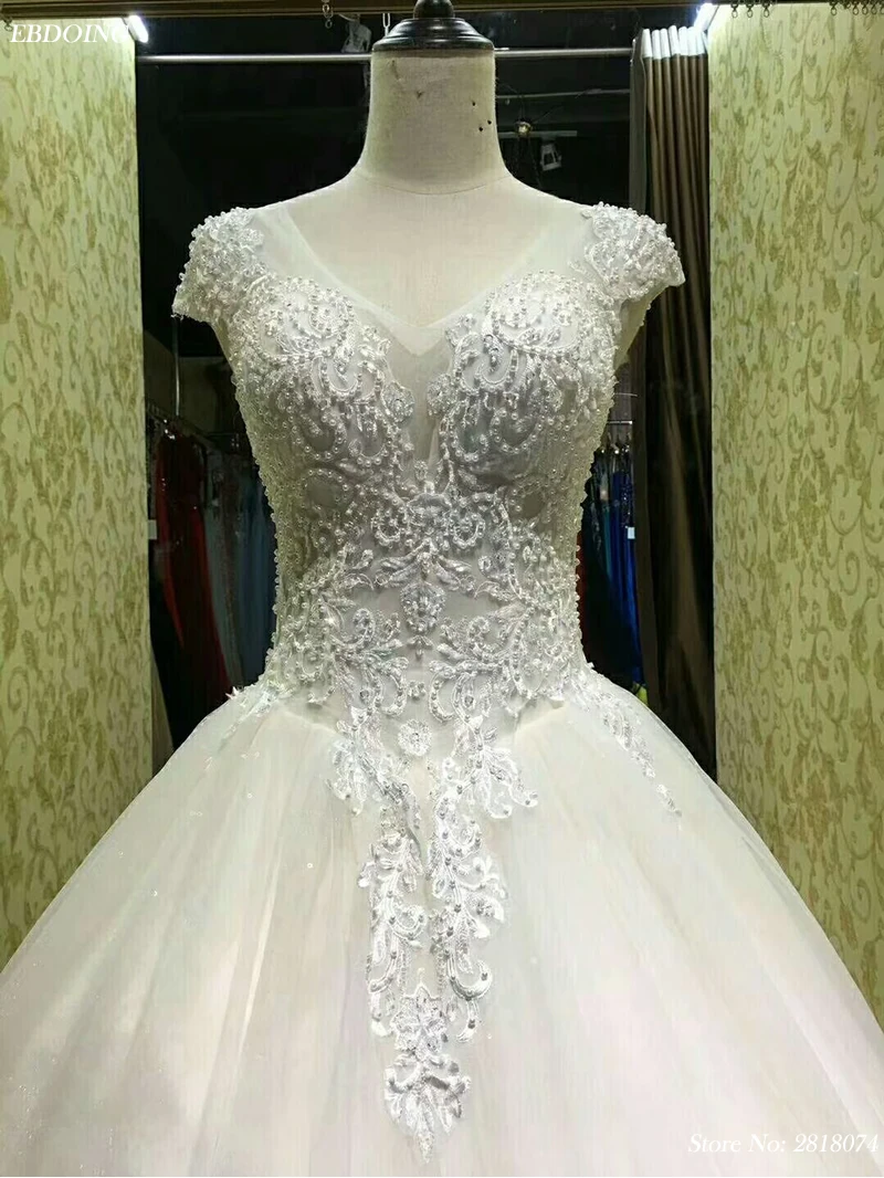 

Real Photo Wedding Dress A-line Short Sleeves Scalloped Neckline Chapel Train Vestidos De Novia With Beading Lace Appliques