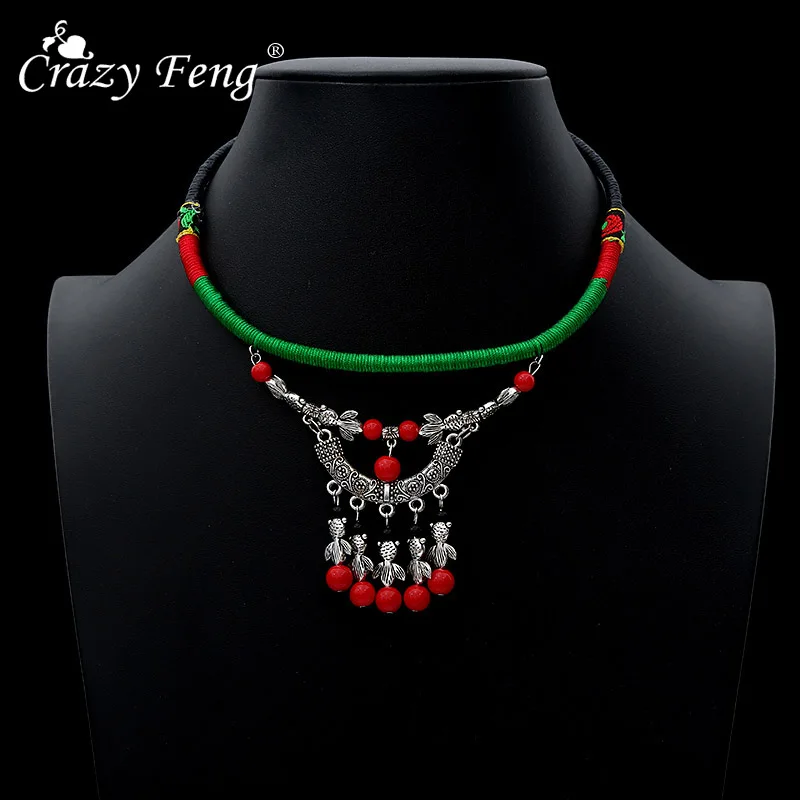 Crazy Feng винтажное зеленое ожерелье-чокер из смолы для женщин античное серебро