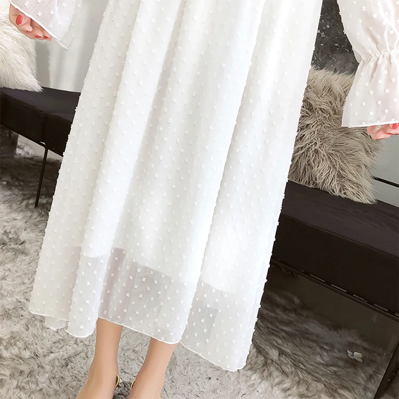 

Ruffles Polka Dot Women Chiffon Dress Elastic Waist Flare Sleeve Female Long Vestidos Retro A-line Women Dress 2020