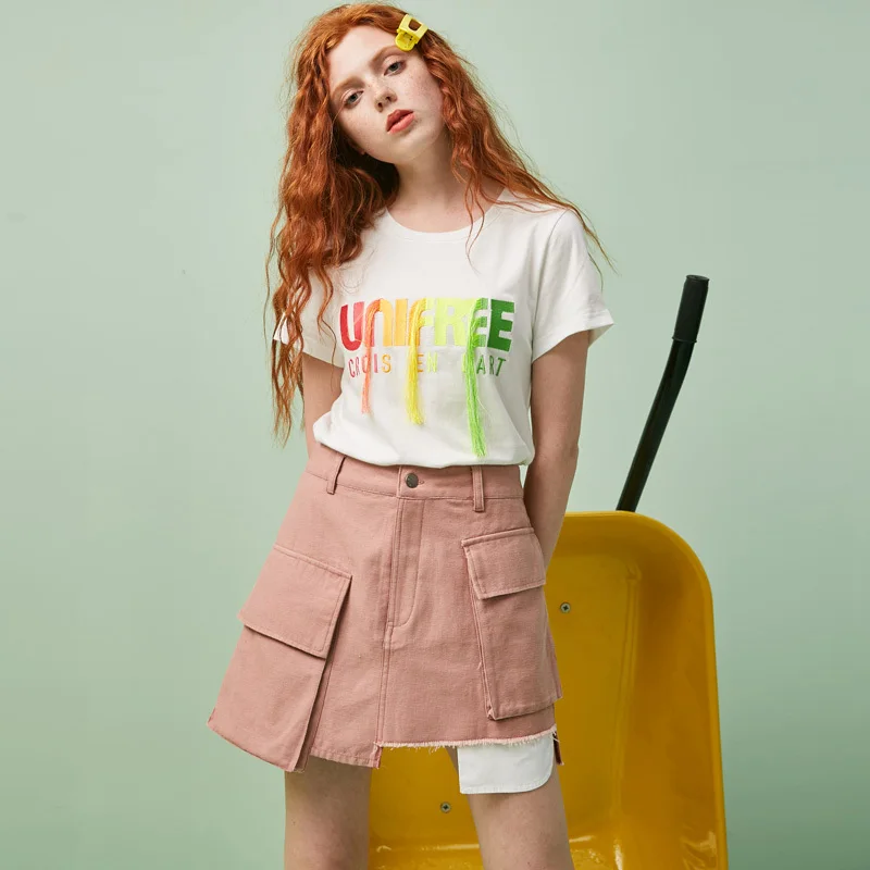 A462 Orange pink UNIFREE летнее Новое поступление необычная Женская юбка средней длины Топ цвета хаки Высокая талия оснастка Ретро тонкая мини юбка UTT192Q017 - Цвет: A462 Orange pink