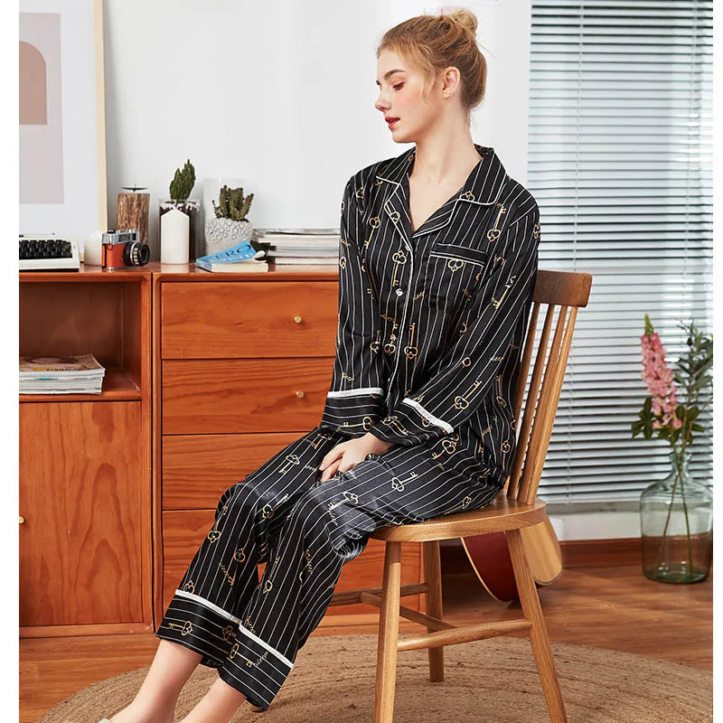 Пижамные комплекты Женская атласная весенне осенняя Пижама шелковая пижама с