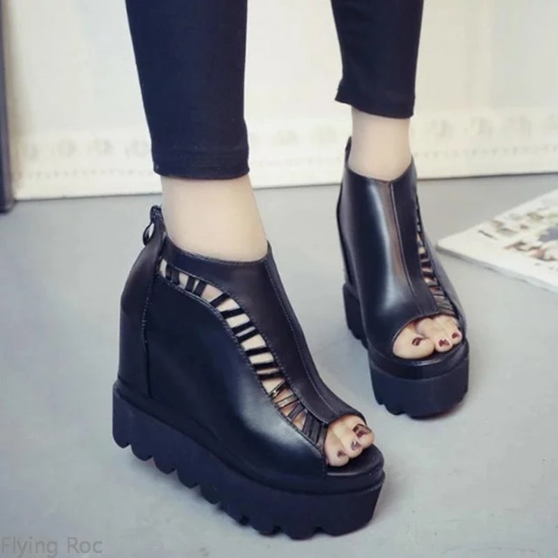 Hot Sale! Newest Women Platform Fish Mouth Sandals Boots Back Zipper Roman Sexy Hollow Wedge Shoes | Обувь