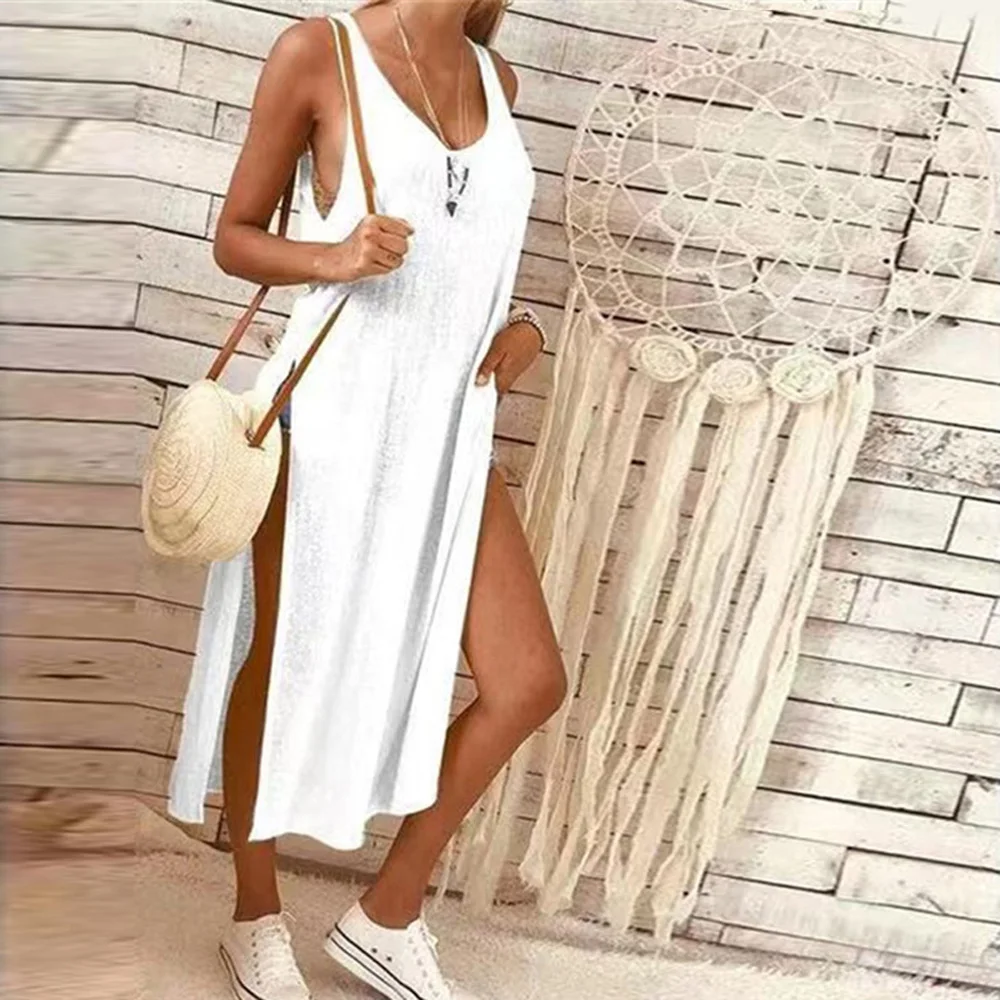 Летние выходные пляж дамы сексуальный Сплошной Цвет Ретро Круглый вырез без