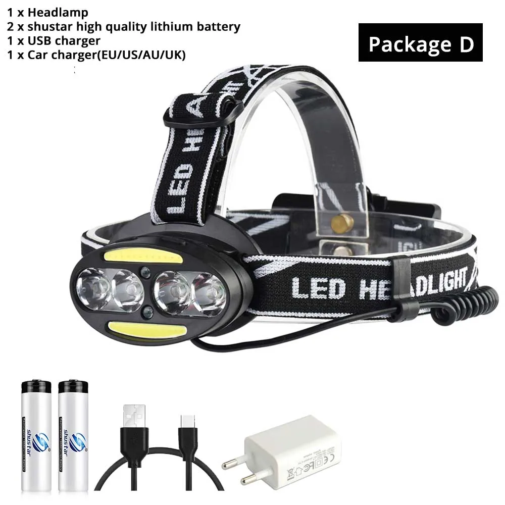 Package D Супер яркий светодиодный налобный фонарь 4 x T6+ 2 x COB+ 2 x Красный светодиодный водонепроницаемый светодиодный налобный фонарь 7 режимов освещения с зарядным устройством - Испускаемый цвет: Package D