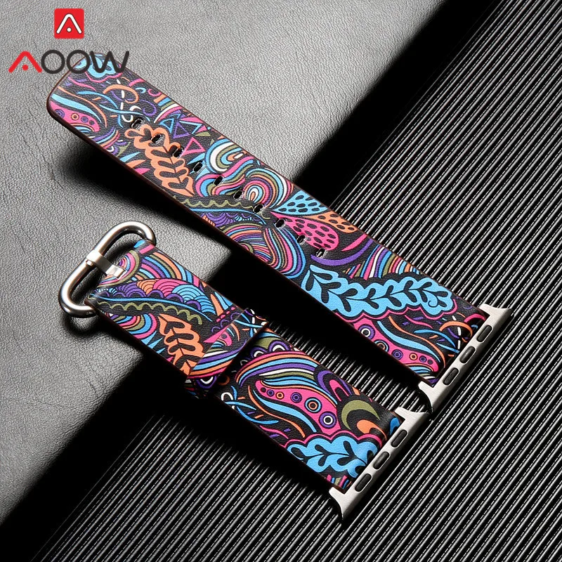 Colorful Purple Кожаный ремешок для часов Apple Watch 38 мм 42 мм 40 мм 44 мм цветочный ремешок с цветочным принтом Национальный стиль браслет для iwatch 1 2 3 4 - Цвет ремешка: Colorful Purple