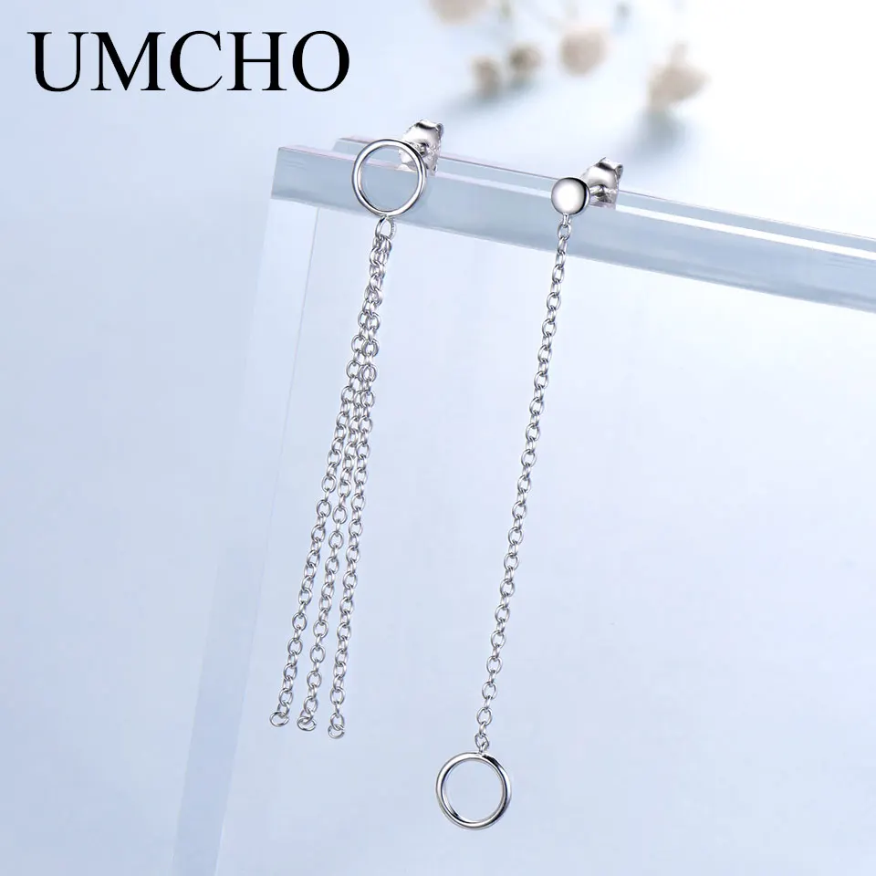

UMCHO Real 925 Sterling Silver Earrings Asymmetry Long Dangle Tassel Earrings For Women Party Gifts Fine Jewelry