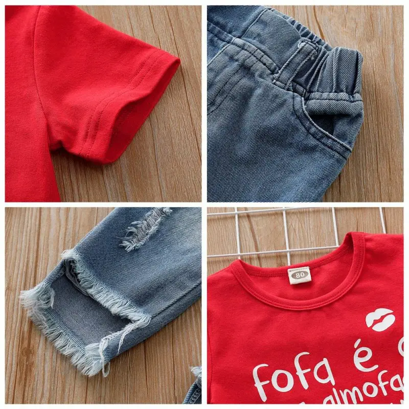 

Hot Summer Baby Girl Clothes Fashion Blouse Adorable Letter Print Short Sleeve T-shirt Tops+Jeans Suit Outfits For Children