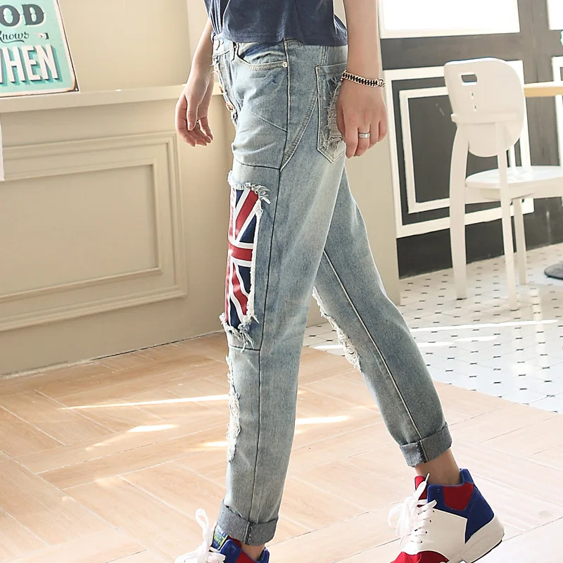 Флаг патч рваные джинсы-бойфренды Для женщин с Высокая талия джинсы для девочек