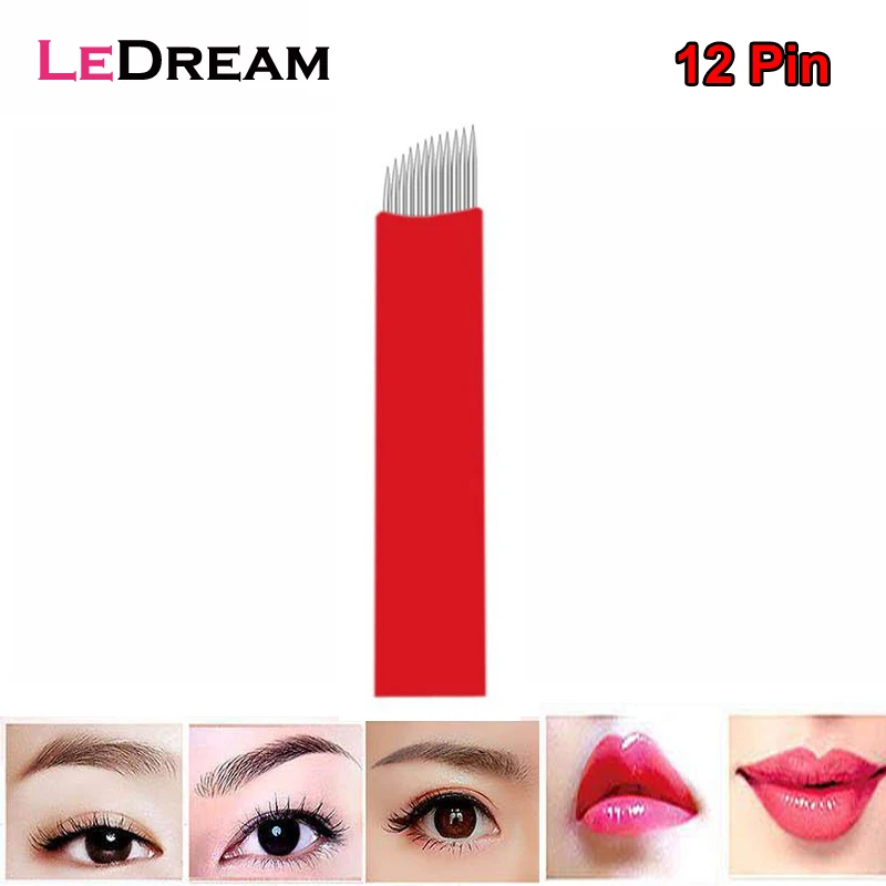 

50PCS/lot Red 12 Pin Slant Microblading Tattoo Needles Micro Blades Cartridges Tips For Permanent Eyebrow Makeup Manual Pen